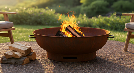Outdoor Relaxation Burning Fire Pit For A Cozy Evening In The Backyard
