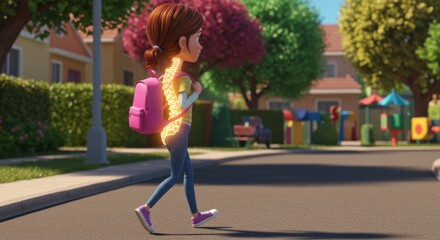 Animated Girl Walking in Neighborhood with Backpack and Highlighted Spine