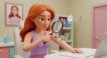 Animated young woman examining skin condition with a magnifying glass in a bright medical office