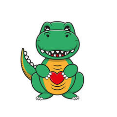 Cute Green Dinosaur Cartoon Holding a Heart Shape