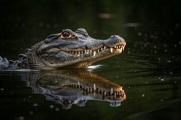 Fototapeta premium Spectacled caiman emerging from dark water