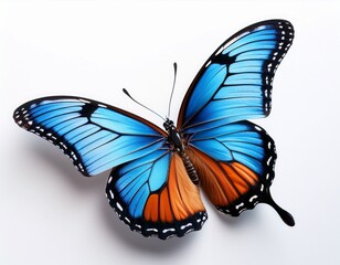 Obraz premium vibrant blue and orange butterfly in graceful flight against pure white background