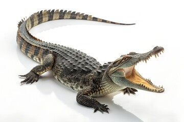 Obraz premium Young spectacled caiman crocodile open mouth white background