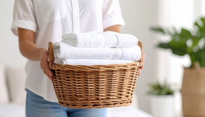 Mujer Sosteniendo Cesta de Lavandería con Ropa Limpia - Tareas del Hogar, Limpieza, Organización