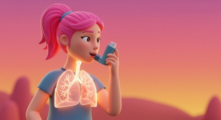 Animated girl with glowing lungs holding inhaler against sunset background