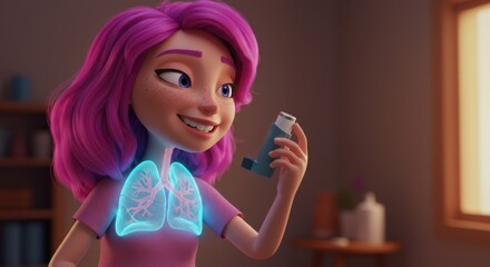 Animated Girl with Pink Hair Examining a Small Object with Illuminated Lungs Design