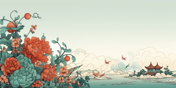 FLEURS DE PIVOINE ET PAYSAGE ASIATIQUE
