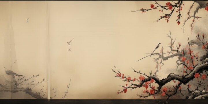BRANCHE DE PRUNIER EN FLEURS SUR FOND ANCIEN