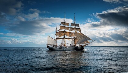 Obraz premium vintage sailing ship navigating through calm waters under a cloudy sky