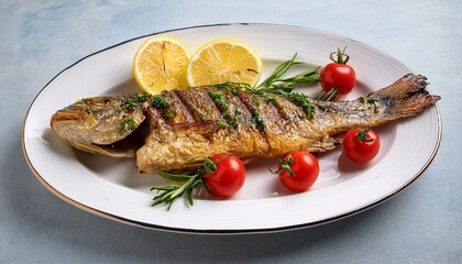 grilled fish garnished with herbs lemon and cherry tomatoes on a white plate