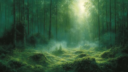Fototapeta premium Verdant forest glade bathed in ethereal sunlight.