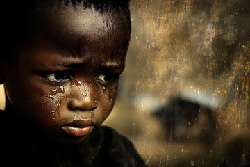 Sad african child crying with tears streaming down face