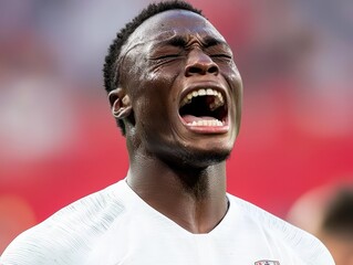 A football player in a white jersey screams with emotion, possibly after a dramatic moment during a match.