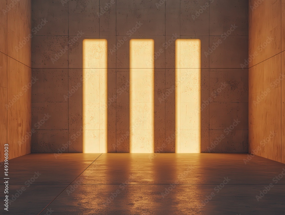 Poster three vertical beams of warm sunlight stream through rectangular windows in a minimal, empty concret