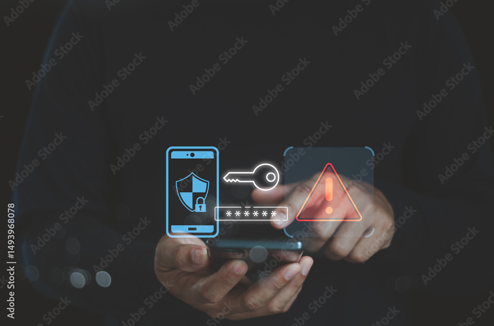 Fototapete Cyber security and cyber crime warning notification. Fraud alert or smartphone Scam, System hacked warning alert on mobile. Cyber attack network, Virus, Spyware, Malware. hack password personal data.