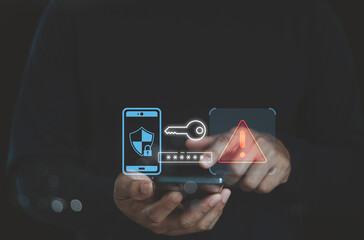 Cyber security and cyber crime warning notification. Fraud alert or smartphone Scam, System hacked...