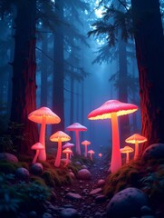 Surreal enchanted forest glowing with radiant psychedelic mushrooms