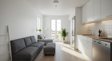 Fototapeta premium Bright Modern Apartment Interior Design With Open Kitchen And Living Space