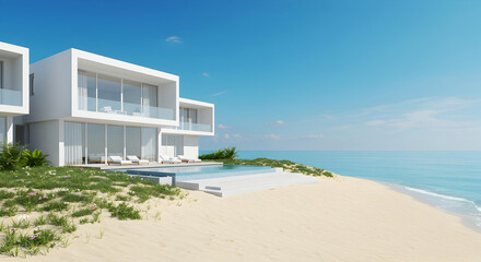 Fototapeta premium Modern Architecture Home Along Coastal Beachfront With Ocean View Scenery