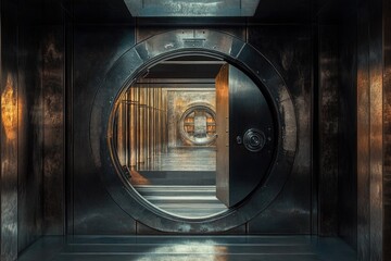 A circular vault door ajar, revealing a dimly lit interior