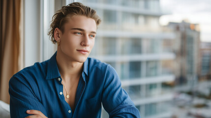 Obraz premium Stylish man with slicked-back hair sitting on a windowsill, gazing out at the urban landscape, modern apartment interior.