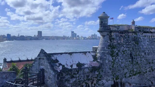 December 15, 2024: Havana, Cuba. The walls of the Spanish fortress of El Morro, with a lighthouse in Havana Bay. Morro Castle, Castillo de los Tres Reyes del Morro in Havana, Cuba. 4К