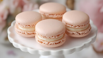 Delicate Pink Macarons on Elegant White Stand with Soft Floral Accents for Dessert Photography