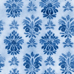 Blue abstract floral motif watercolor pattern seamless repeat. Traditional textile print graphic. Tileable decorative background for fabric, wallpaper, and print applications.