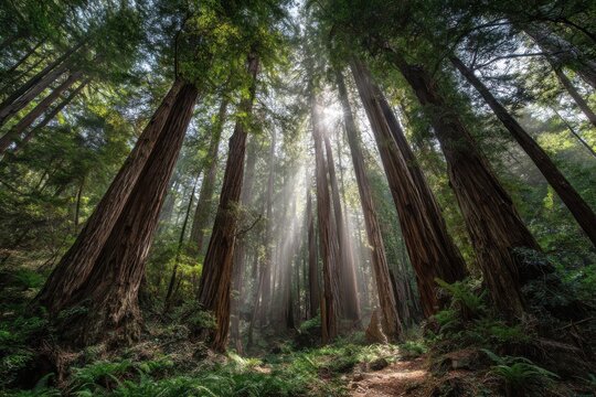 An ancient redwood forest with towering trees
