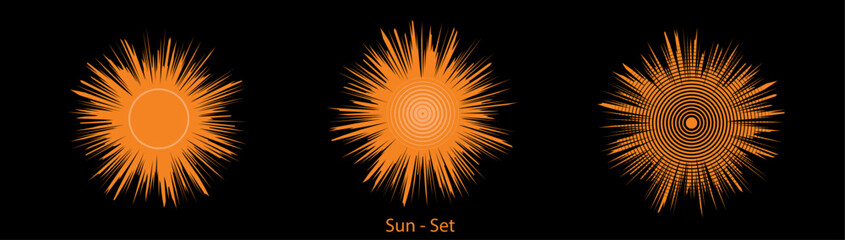 Abstract style orange color sun star icon collection on black background. Creative sunrise sun burst, summer concept sign set to use for summer vacation, turism, summer holiday projects.