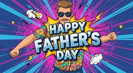 Neon Pop Art illustration of superhero dad with explosive typography for Father’s Day