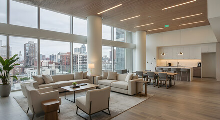 Modern Apartment Lounge With a Panoramic City Skyline and Open Kitchen