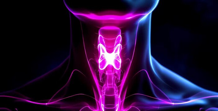 Thyroid gland glowing inside female human neck. Endocrine system presentations, medical technology visuals, thyroid health, endocrine system, hormonal regulation, digital  anatomy, female model