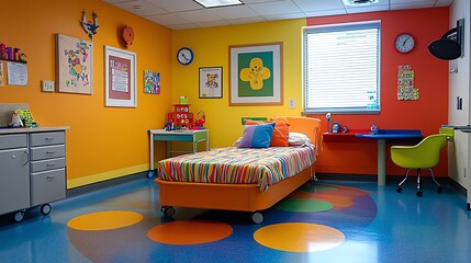 A vibrant hospital room designed to comfort children, featuring colorful decor and playful elements.
