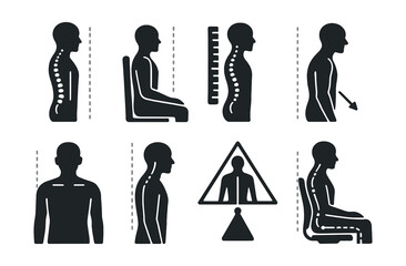 Posture correction silhouette icons set. ergonomic and spine alignment symbols