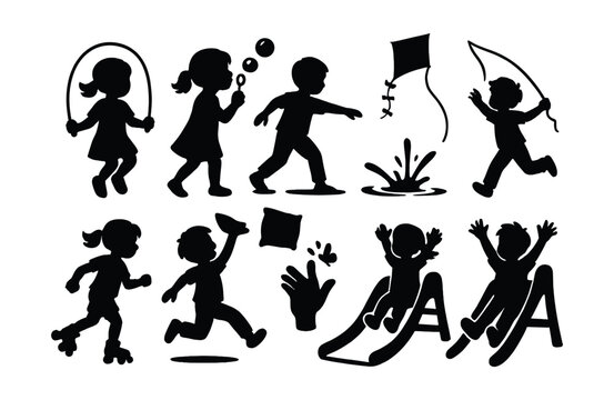 Children playground silhouette icons set for kids activities and recreation designs