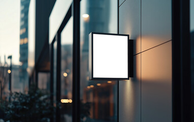 Mockup hanging sign, signage, lightbox. Poster city box, projecting blade sign. Template signage advertising citylight. Mockup outside signage, city light box, hanging sign. Realistic style photo