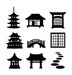 Naklejka premium Japanese culture silhouette icons set. traditional architecture and design symbols