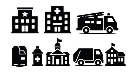 Fototapeta premium Public services silhouette icons set. government and utility symbols collection