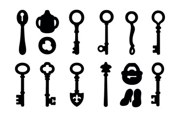 Antique keys silhouette icons set. vintage and retro key symbols for collections