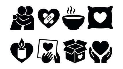 Charity and support icons set. silhouette style symbols of giving, care, and compassion