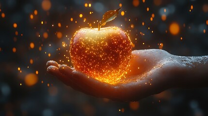Glowing apple held in a hand photo