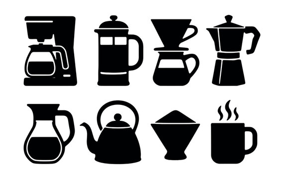 Coffee essentials silhouette icons set. brewing, caffeine, beverage symbols