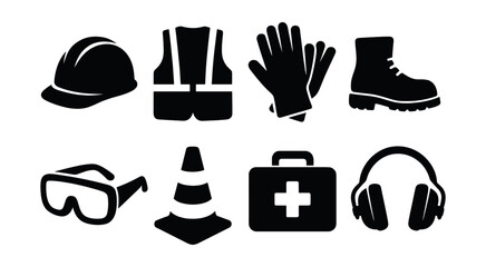 Construction safety silhouette icons set. protective gear and equipment symbols