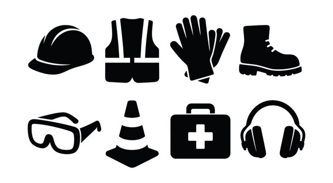 Construction safety silhouette icons set. protective gear and equipment symbols