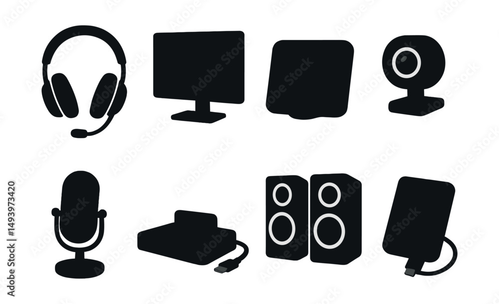 Poster electronics and gadgets silhouette icons set. tech and device symbols