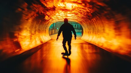 Silhouette of a skateboarder riding through a tunnel with vibrant, fiery light. Dynamic movement and urban exploration.