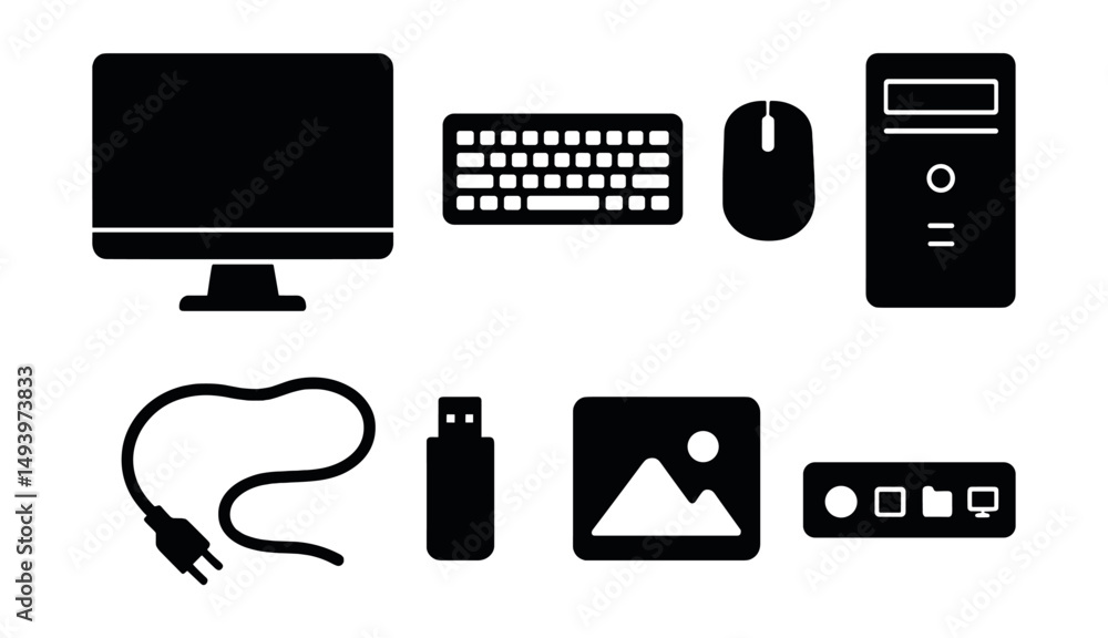 Poster computer and gadget silhouette icons set. electronics and digital device symbols