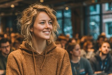 Fototapeta premium A smiling individual in a cozy sweater at an event surrounded by an audience