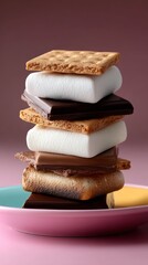 A delightful stack of s'mores, perfectly assembled with toasted marshmallows and rich chocolate.